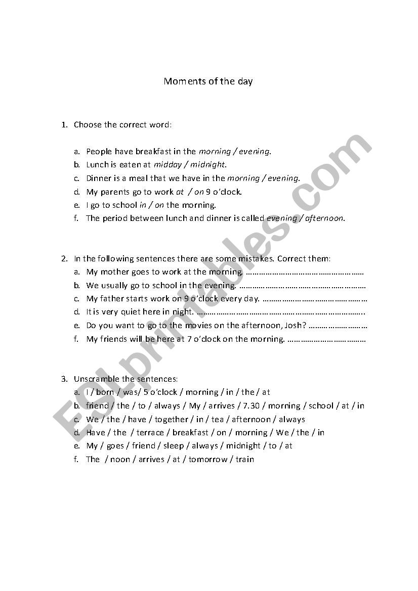 Moments of the day worksheet