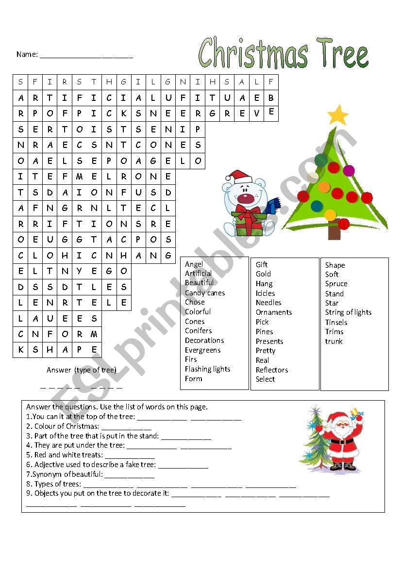Christmas Tree Wordsearch worksheet