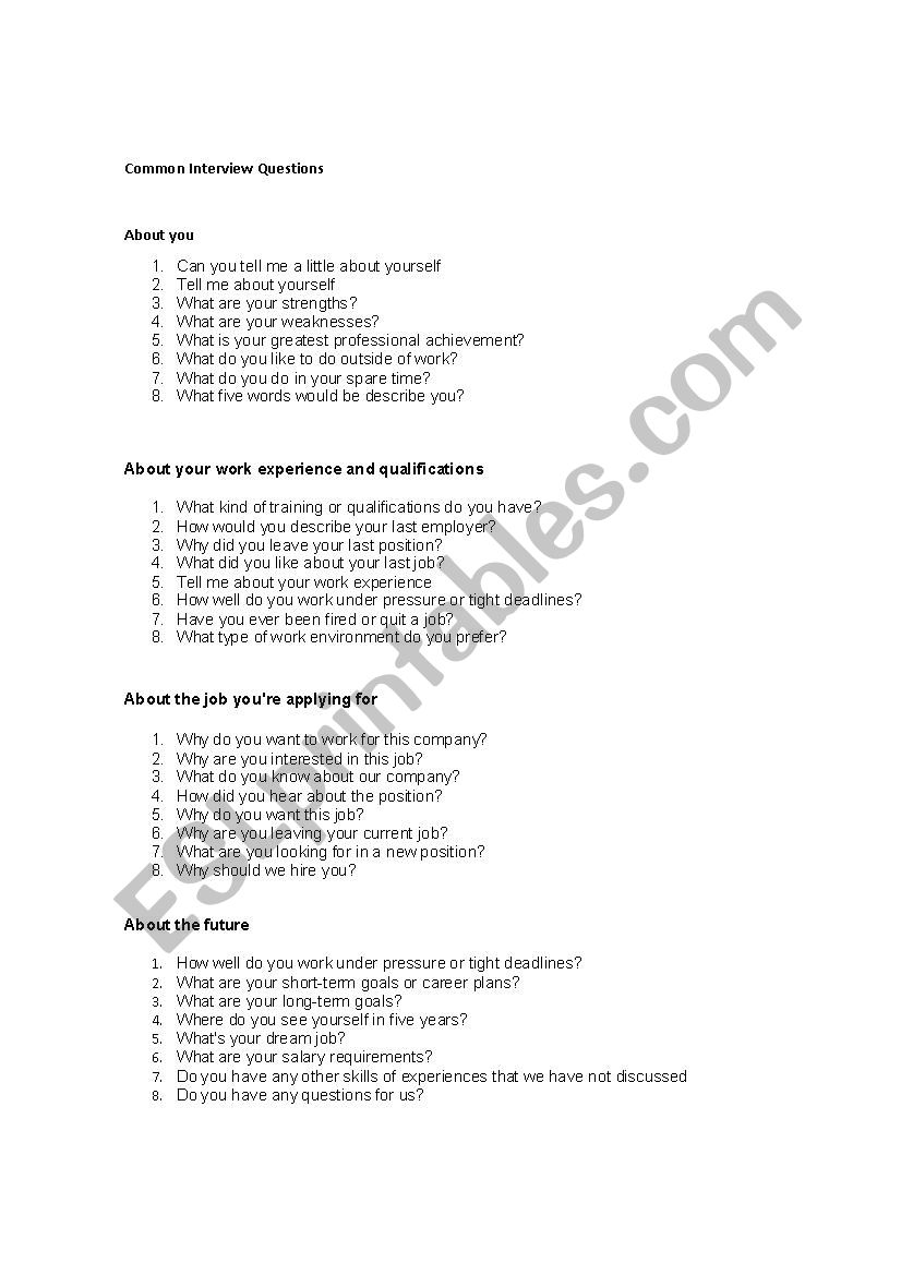 Job Interview Questions worksheet