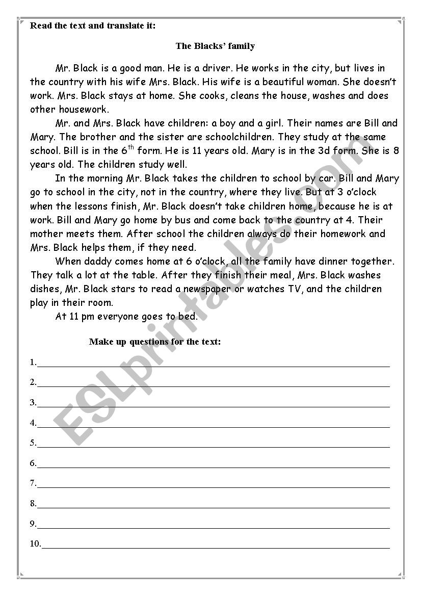 Text about The Blacks family (Present Simple, to be in Present, daily routines)