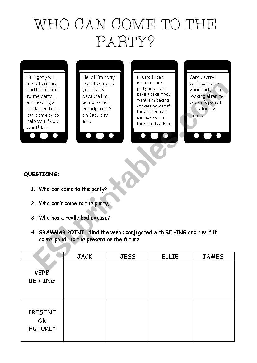 Who can come at the party ?  worksheet