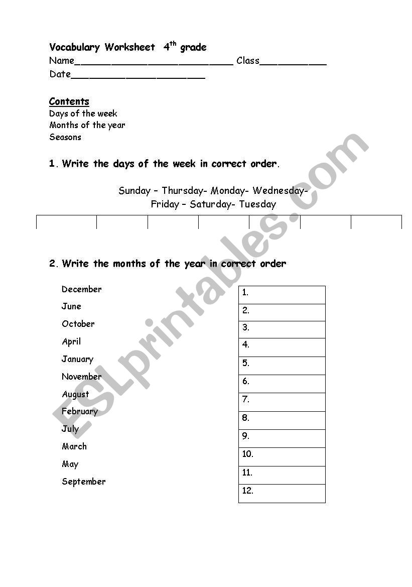 days of the week worksheet