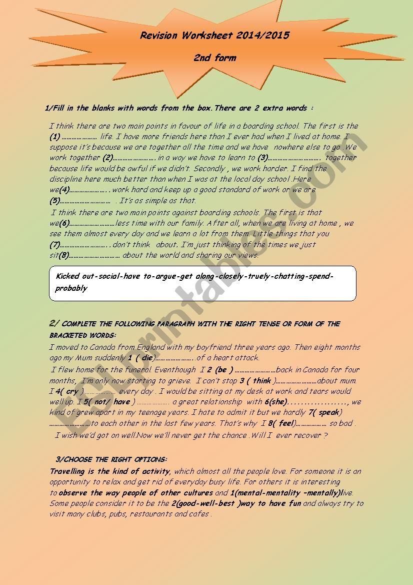 Revision Worksheet 2014/2015 2nd form