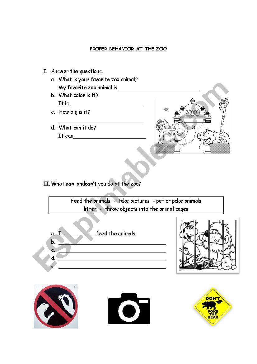 Proper Behavior at the zoo worksheet