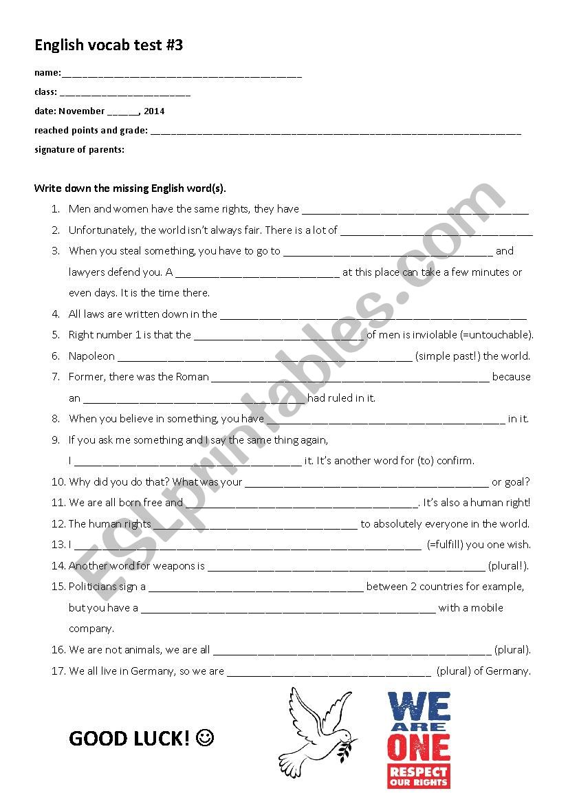 human rights vocab test  worksheet