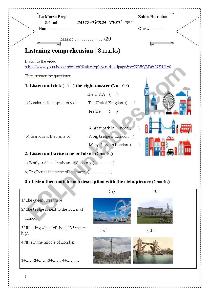 First mid term test worksheet