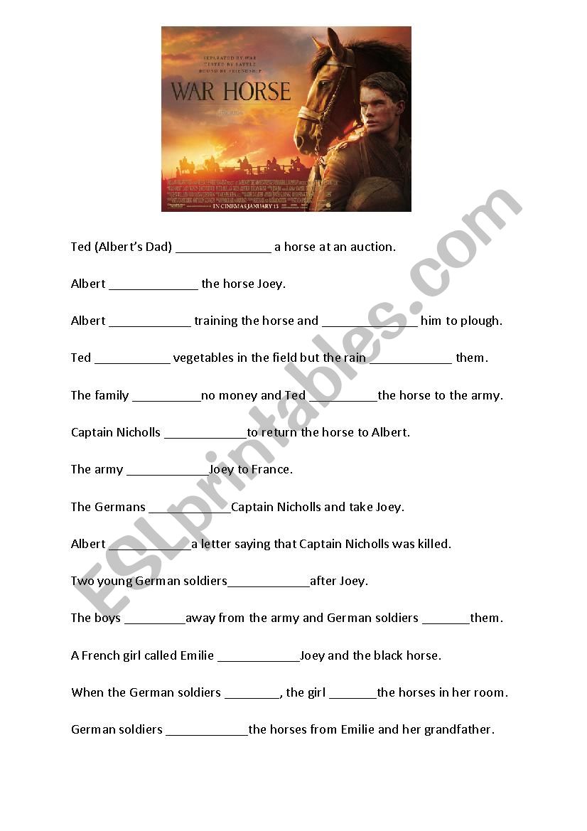 War Horse Movie - verb gaps worksheet