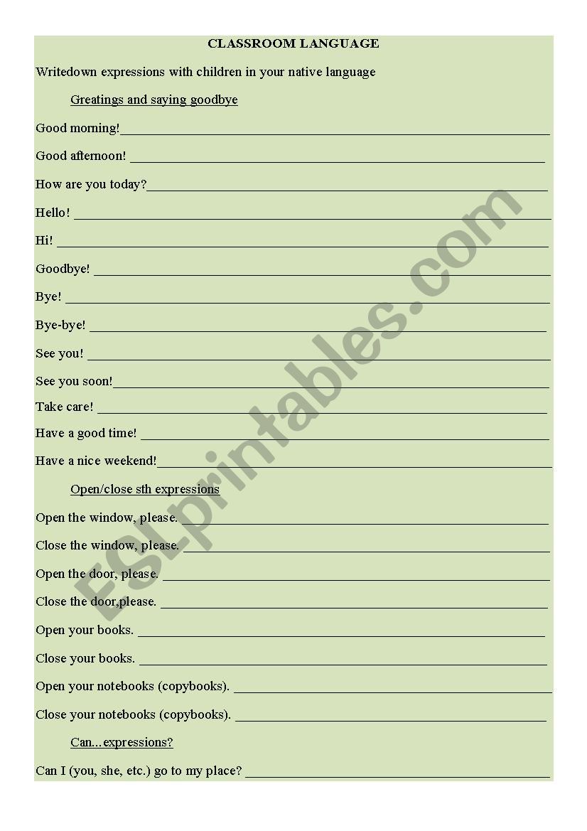 classroom language worksheet