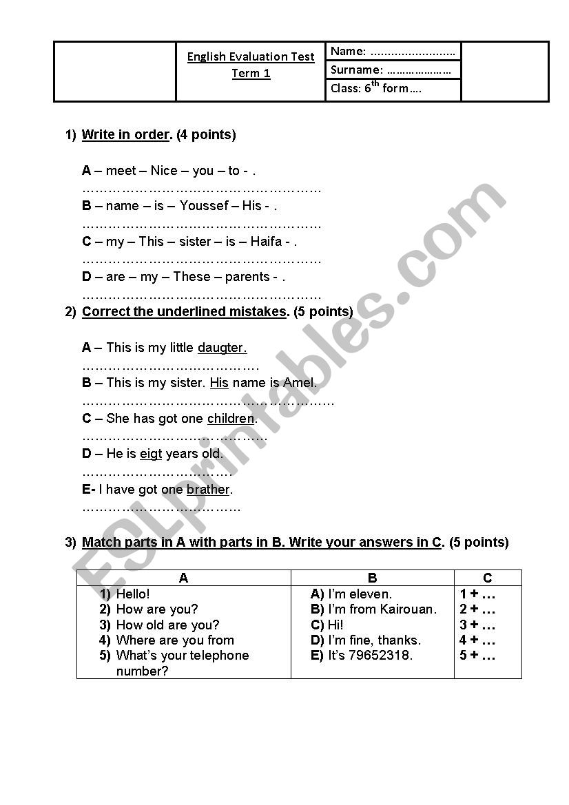 6th form Evaluation Test worksheet