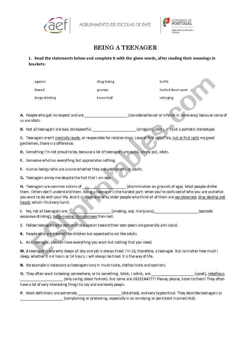 BEING A TEENAGER worksheet