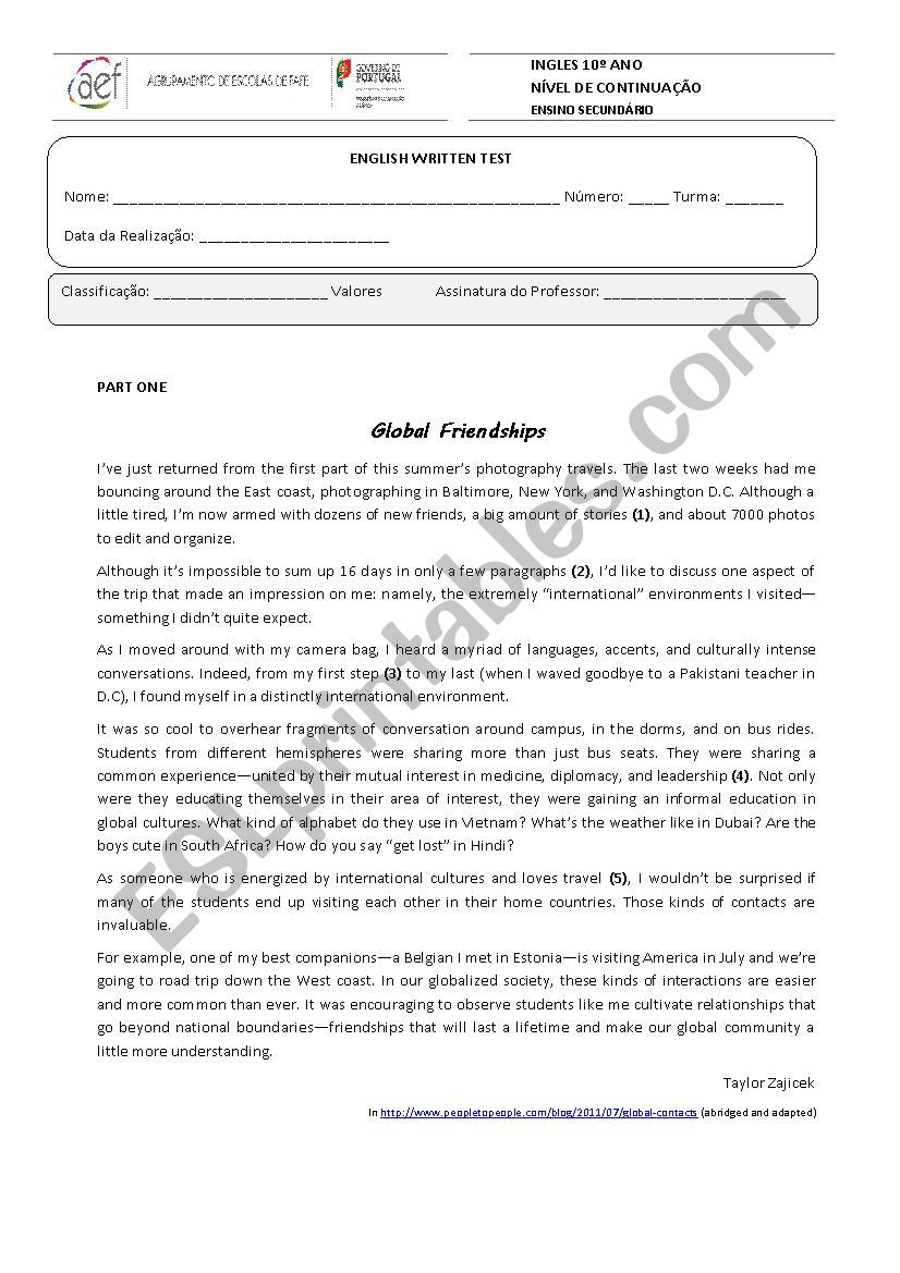 global friendships worksheet