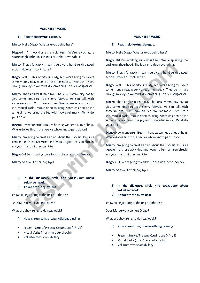 Volunteer Work Dialogue worksheet