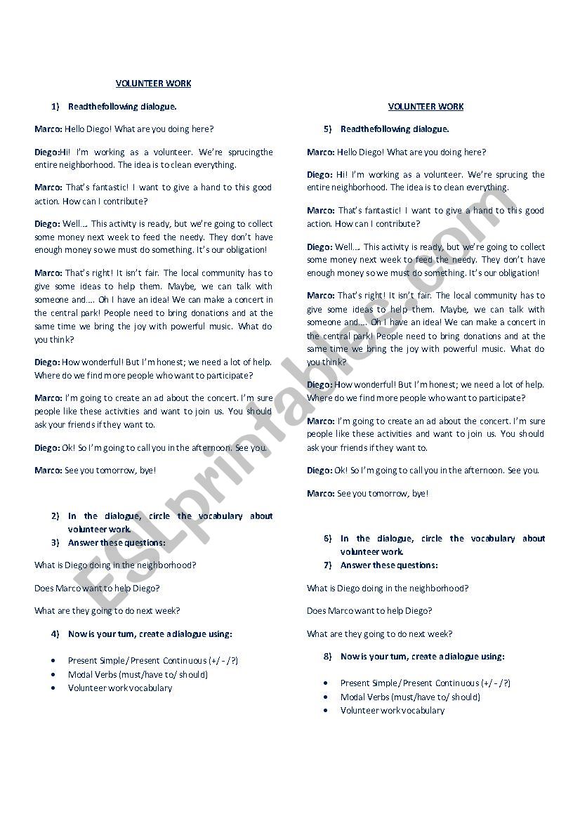 Volunteer Work Dialogue worksheet