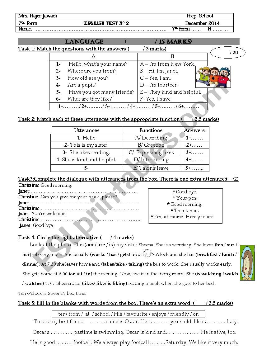 Test N2 for 7th Form worksheet
