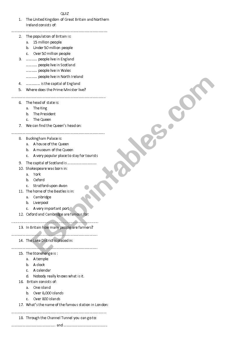 quiz to a film of Britain  worksheet