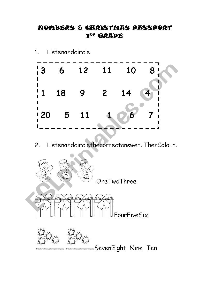 Numbers & Cristmas 1st grade worksheet