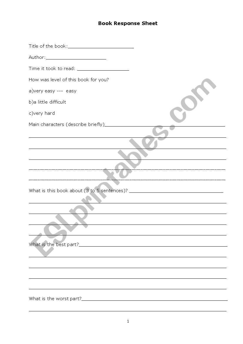 book report worksheet