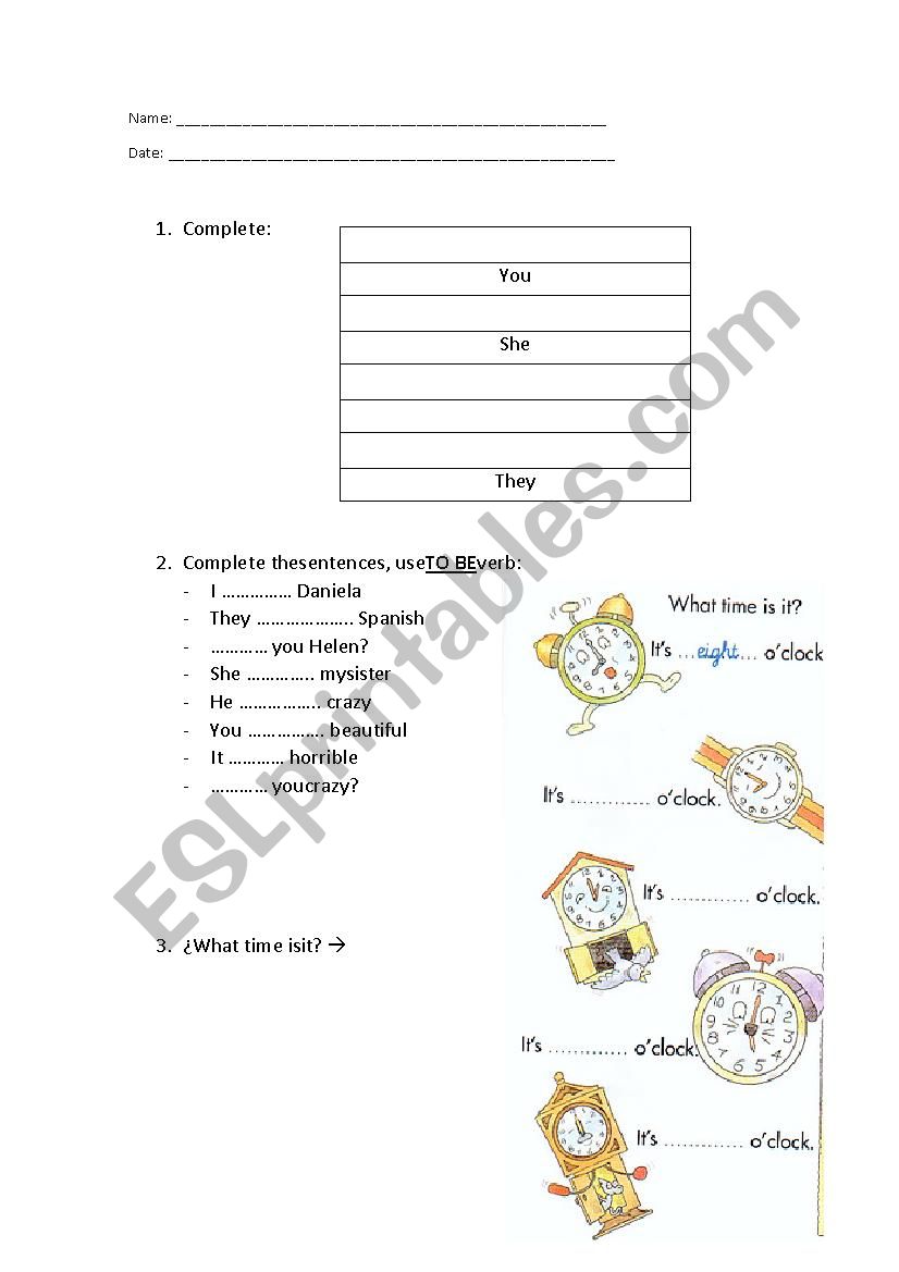 Exam TO BE and HOURS worksheet
