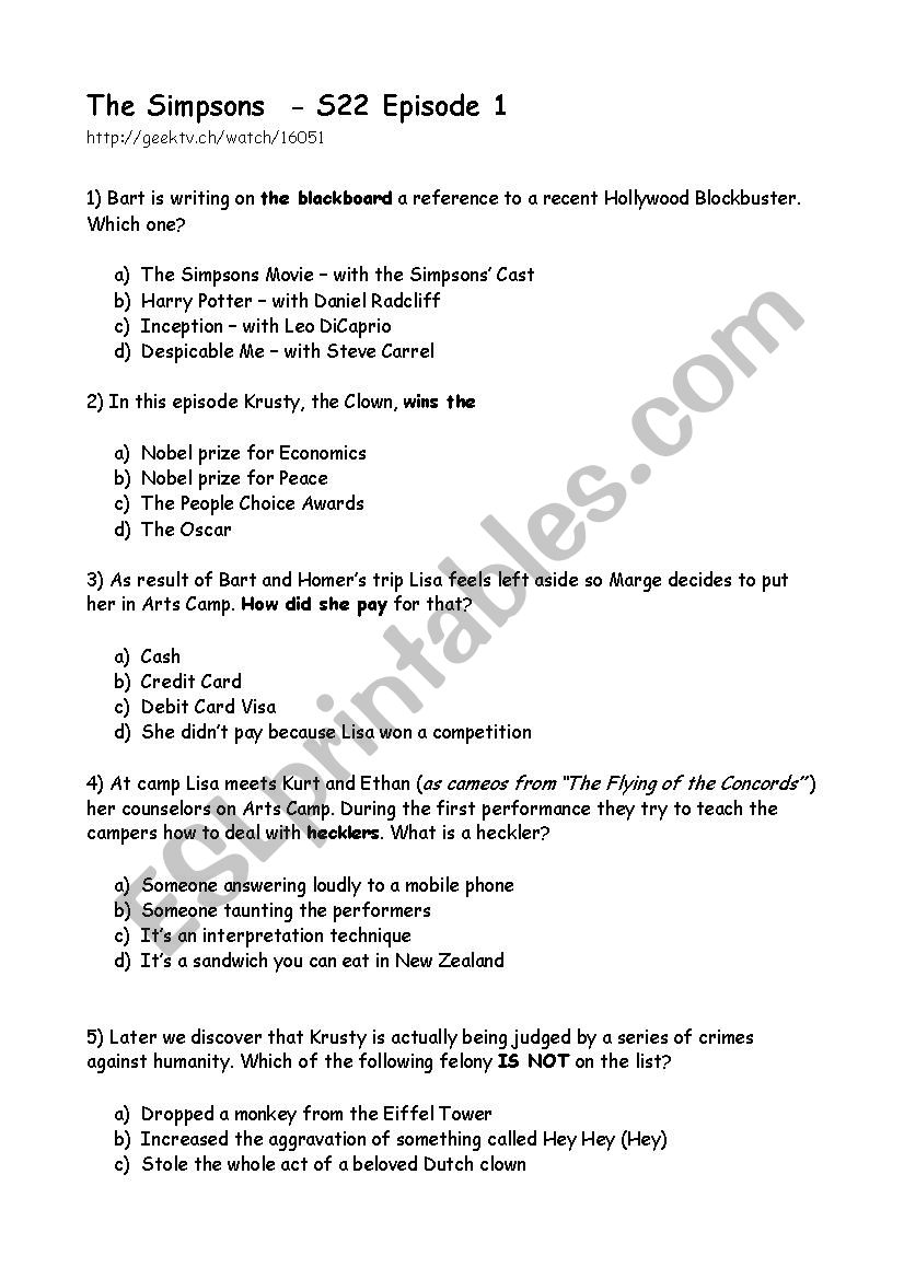 Simpsons episode questionnaire s22e1 