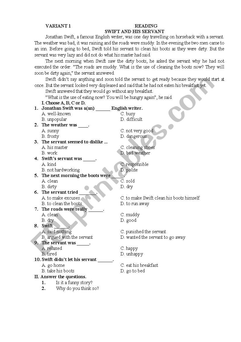 Reading comprehension worksheet