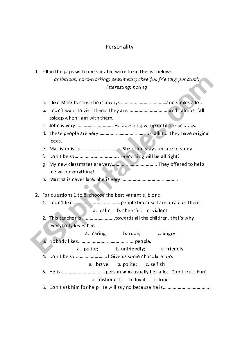 Moral features worksheet