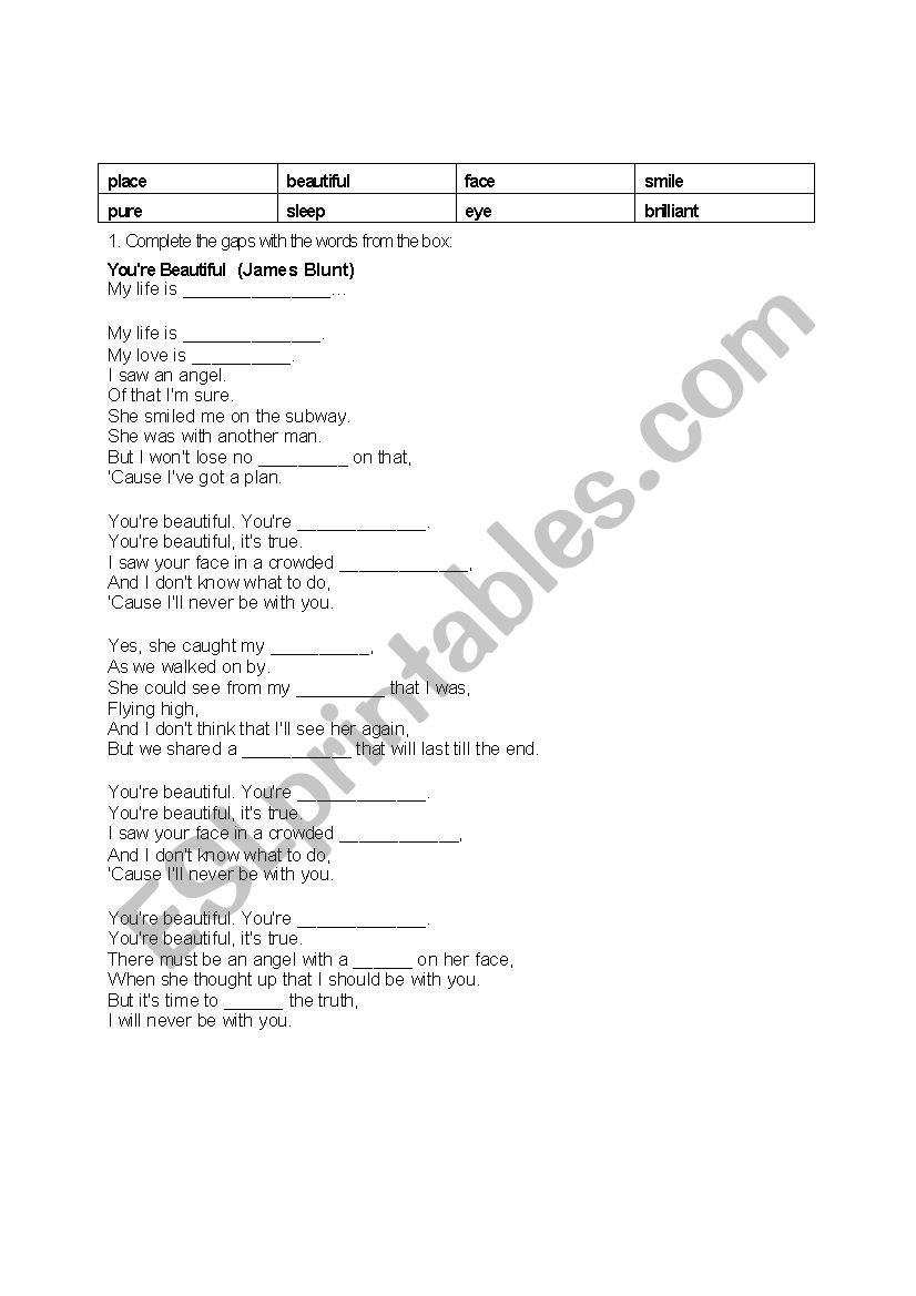 You are beautiful - song worksheet