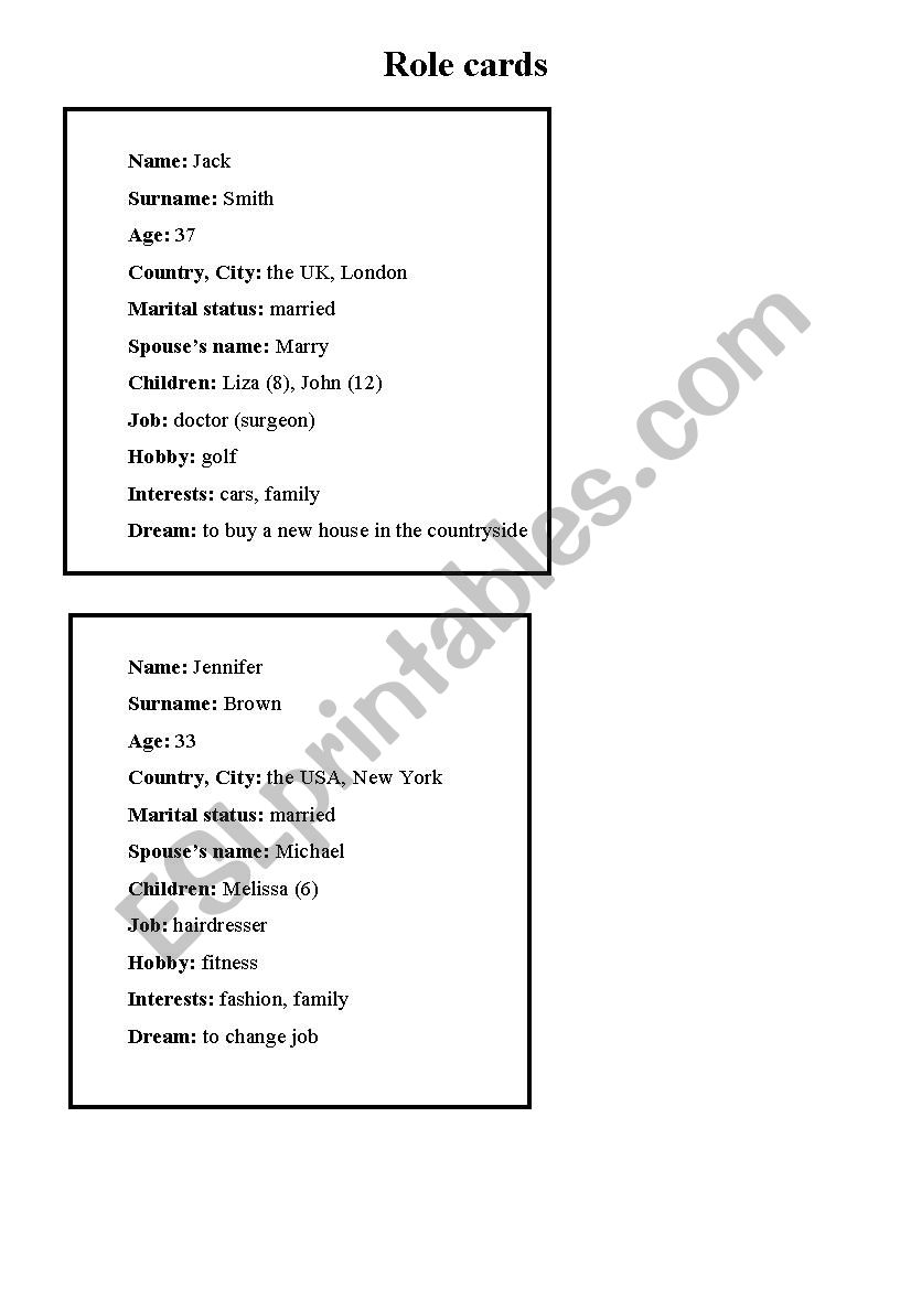 Role cards for making up a dialogue (name, job, county, city, hobbies, interests, etc.)