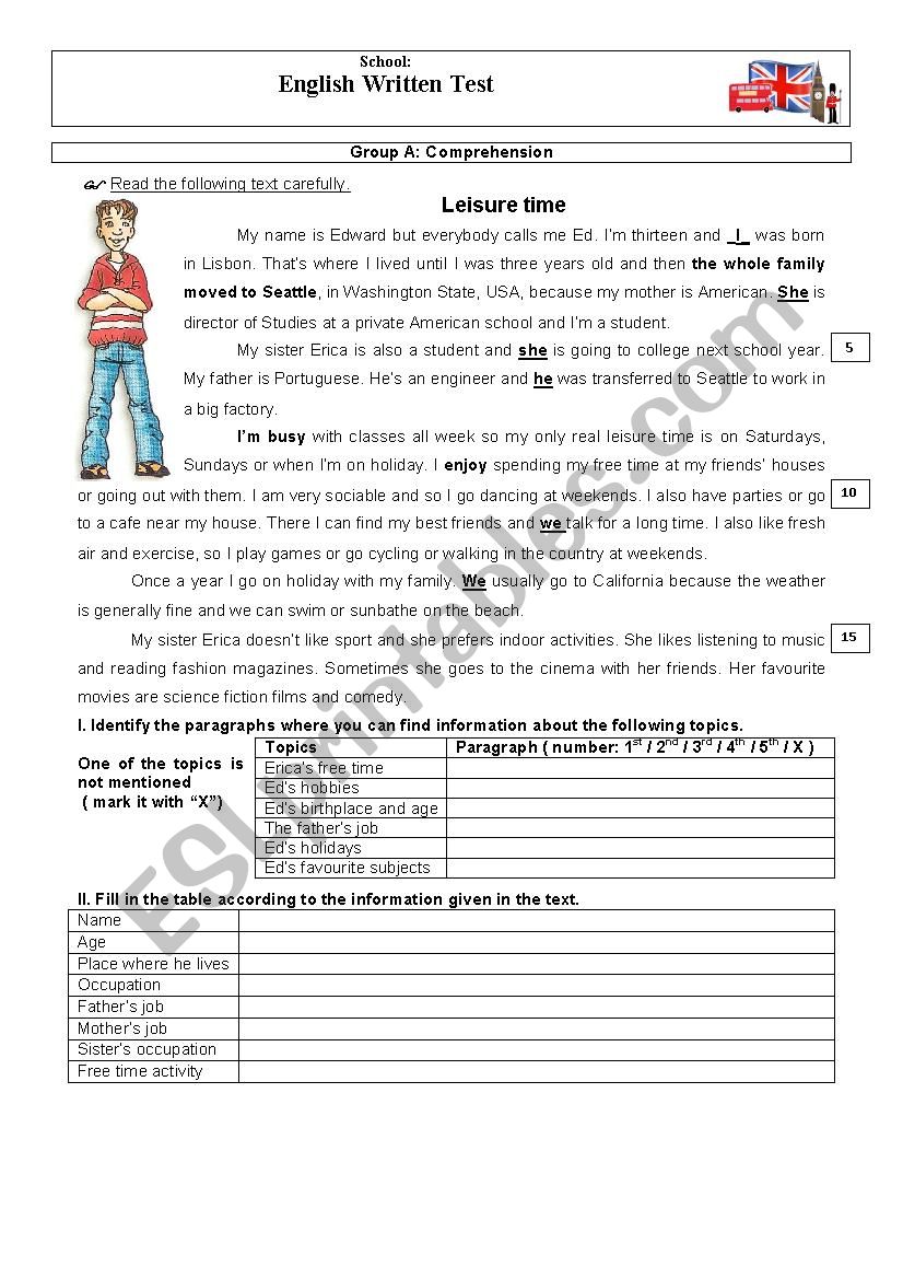 Test _ Leisure Time worksheet