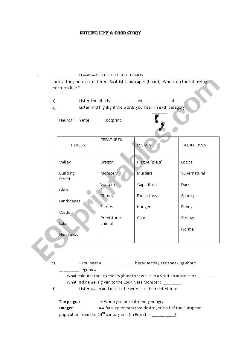 Scottish legends worksheet