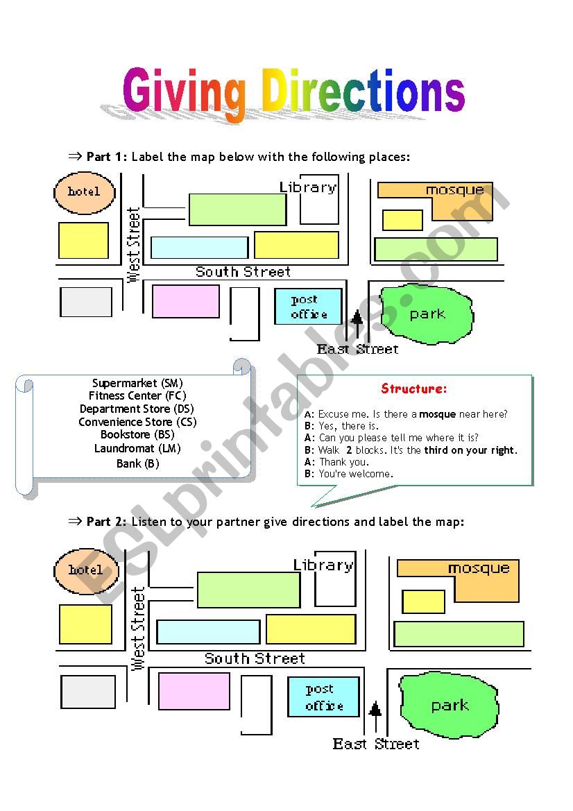 Giving Directions-Pairwork worksheet