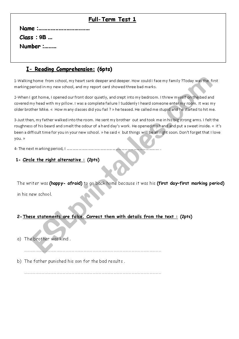 end of term test 1 9th form worksheet