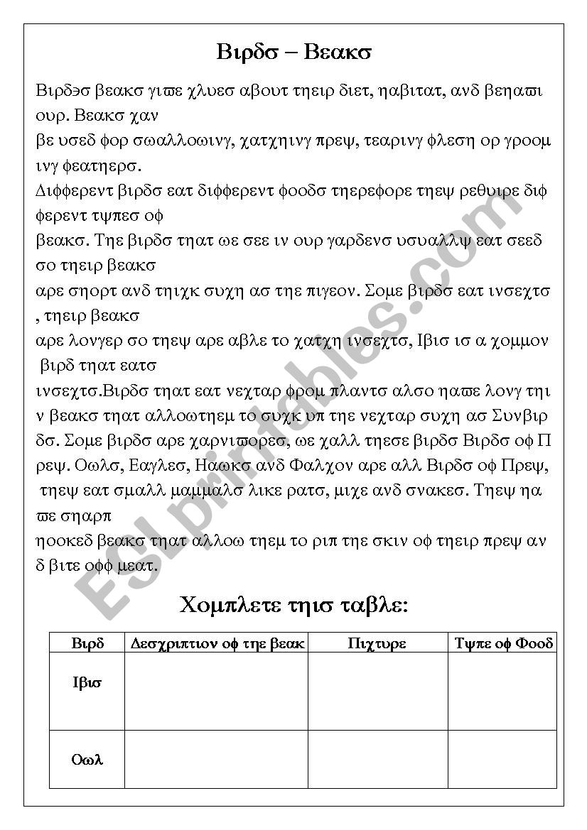 Birds Beaks worksheet