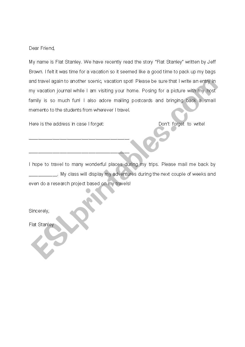 Flat Stanley Letter worksheet