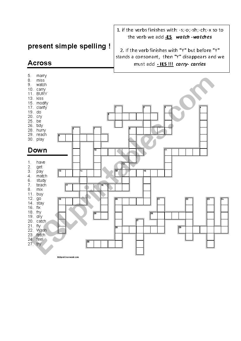 PRESENT SIMPLE SPELLING CROSSWORD