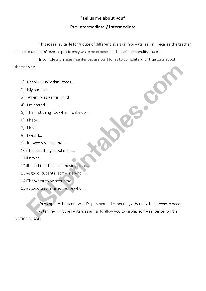 Tell me about you worksheet