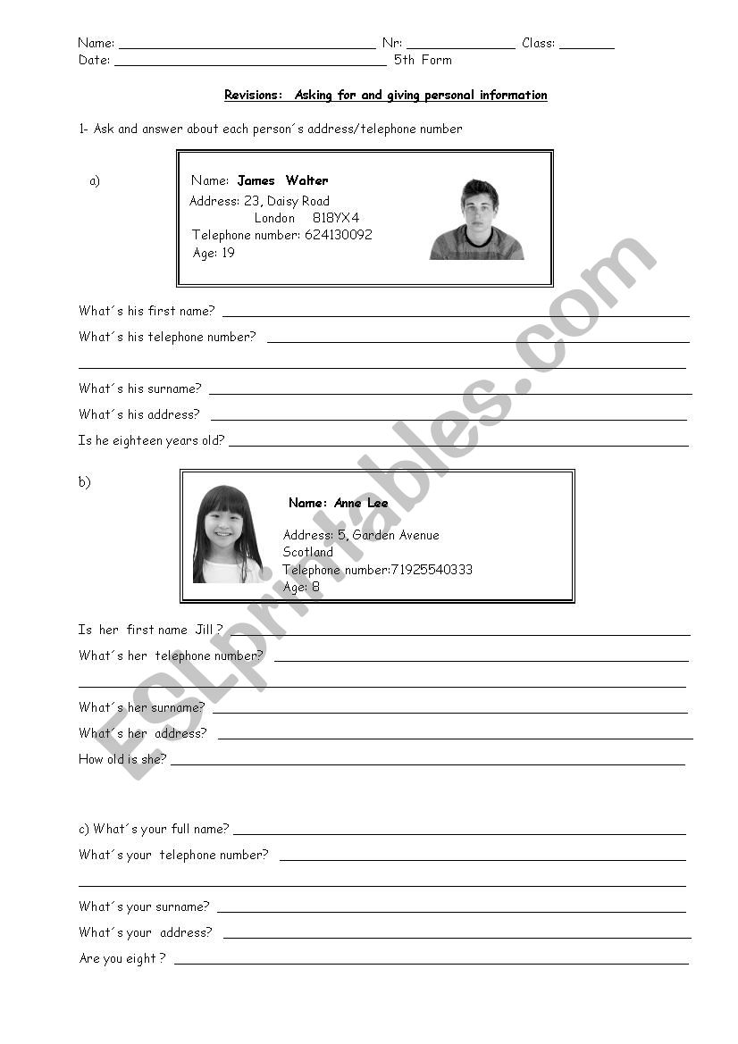 personal information worksheet