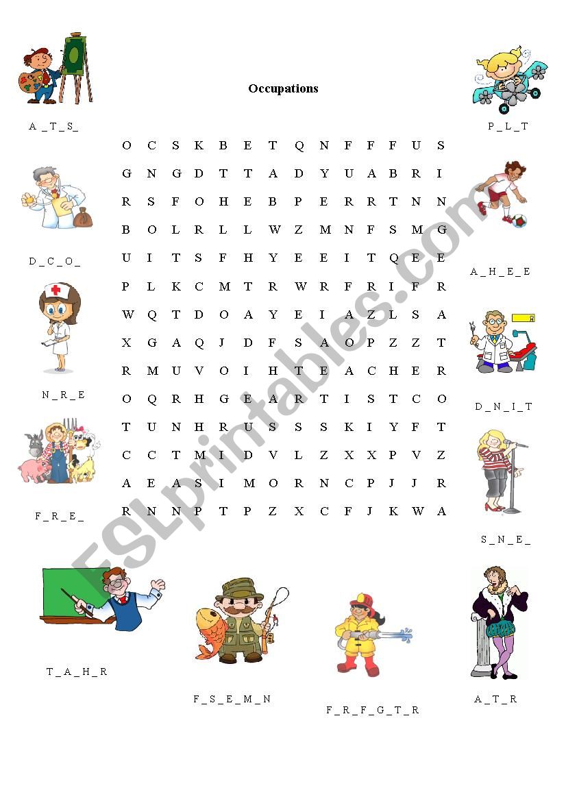 Occupations letter blanks and wordsheet