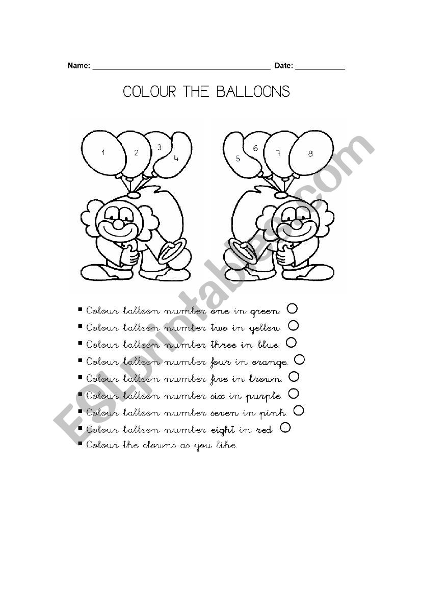 Colour the balloons worksheet