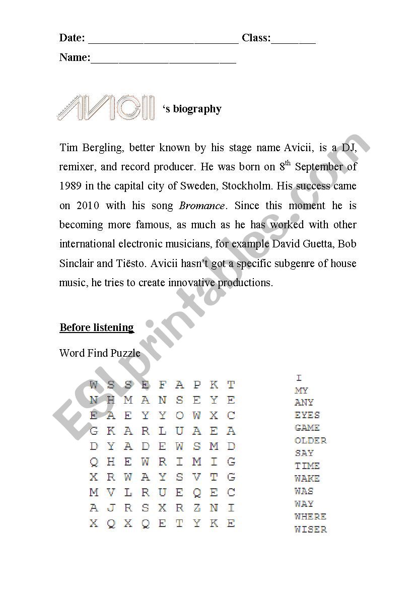 wake me up song worksheet