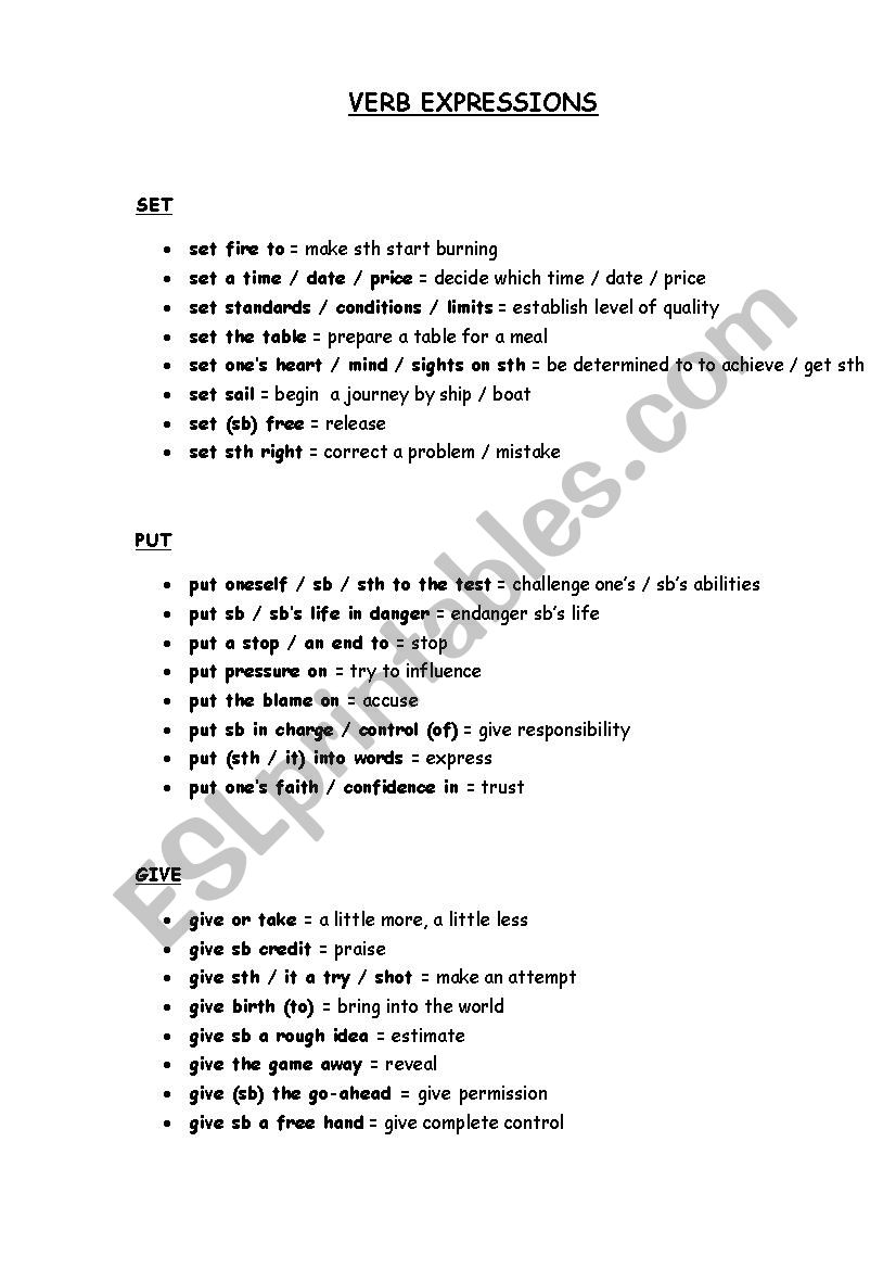 VERB EXPRESSIONS worksheet