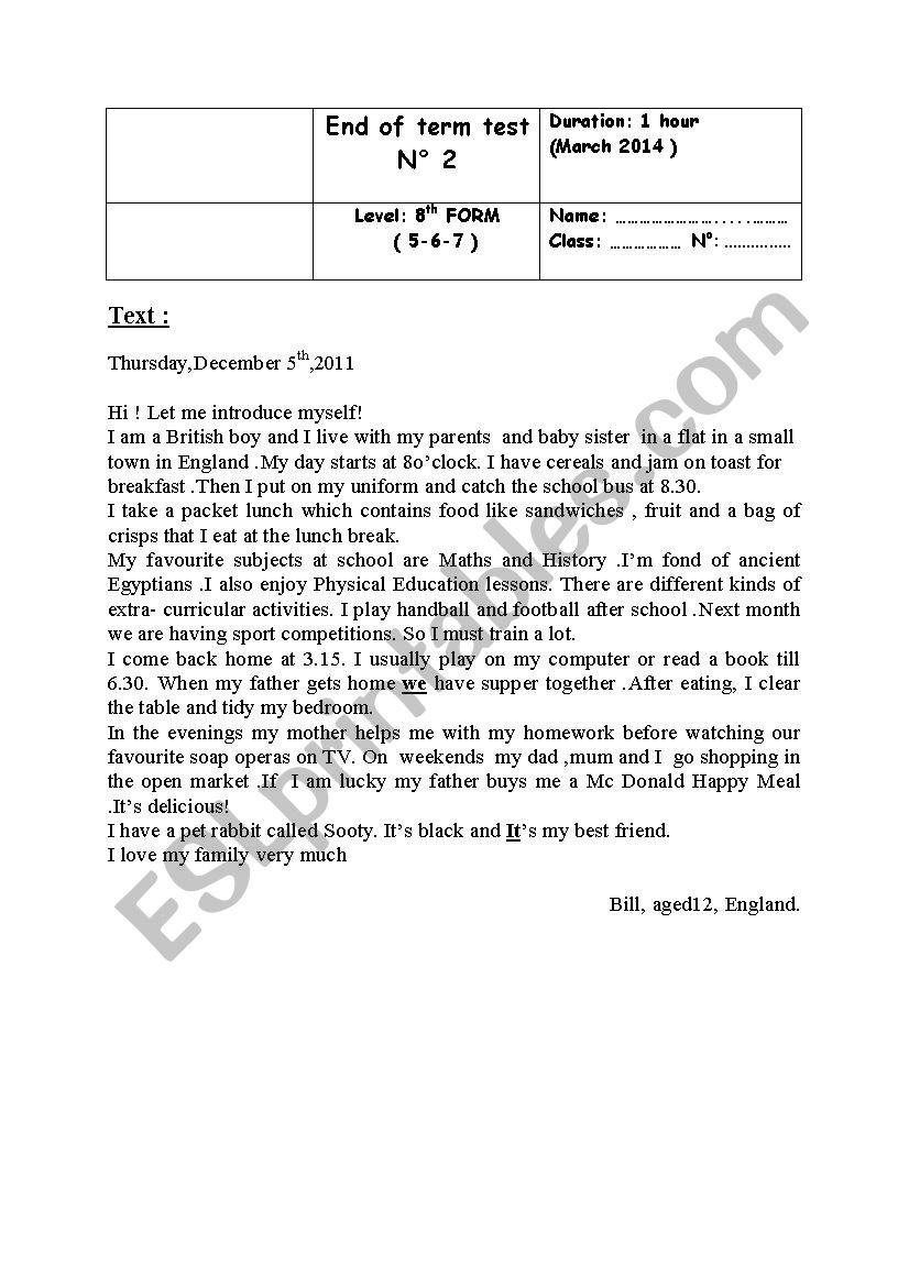 end of term 8th grade  worksheet