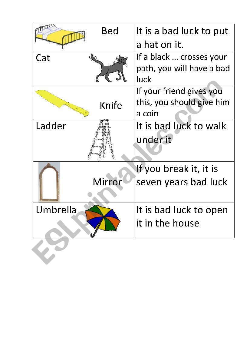 Superstitions worksheet