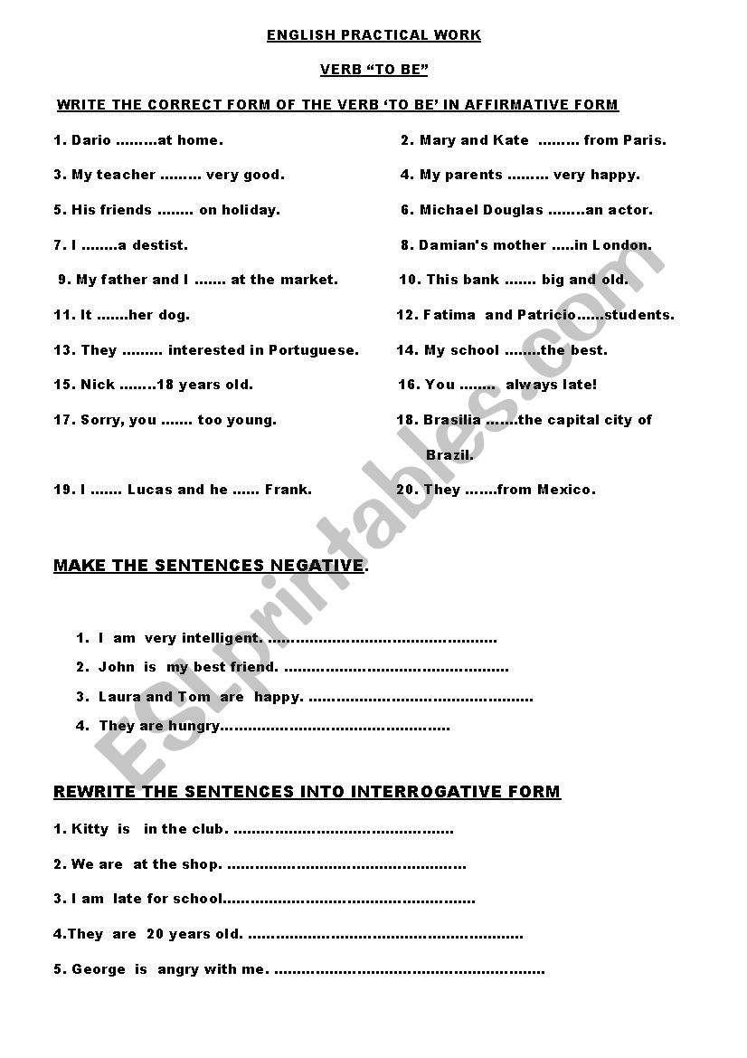 Verb to be practical work 2 worksheet