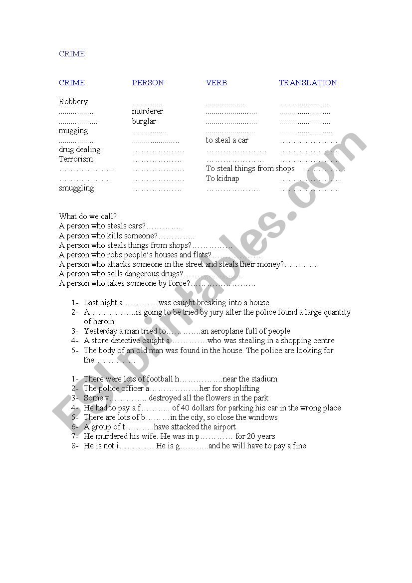 CRIME vocabulary worksheet