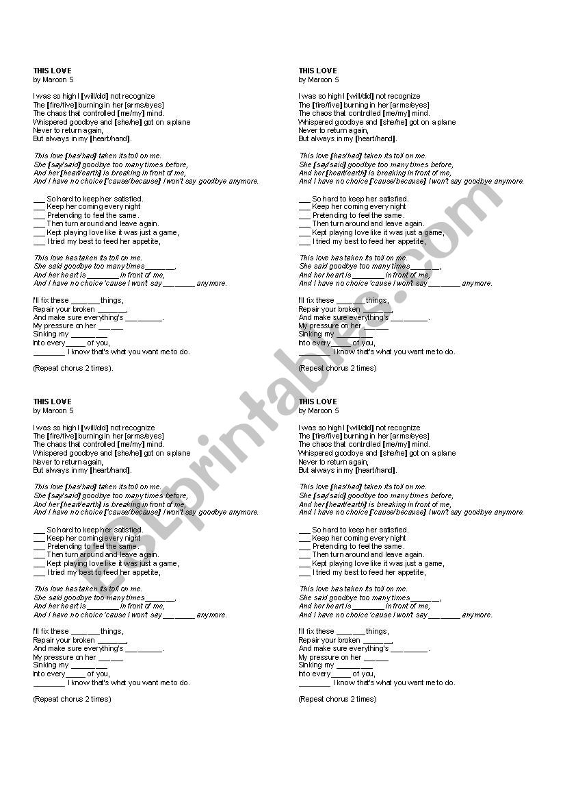 MAROON FIVE SONG worksheet