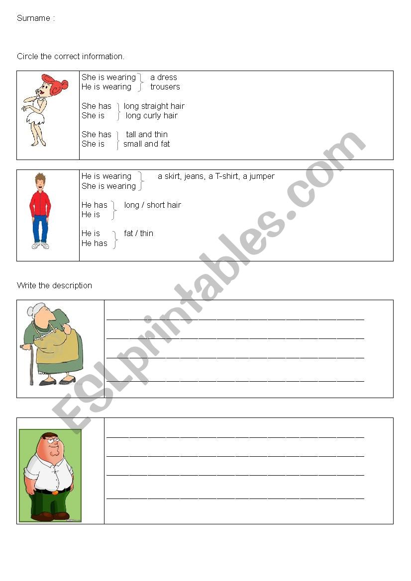 Describe the characters worksheet