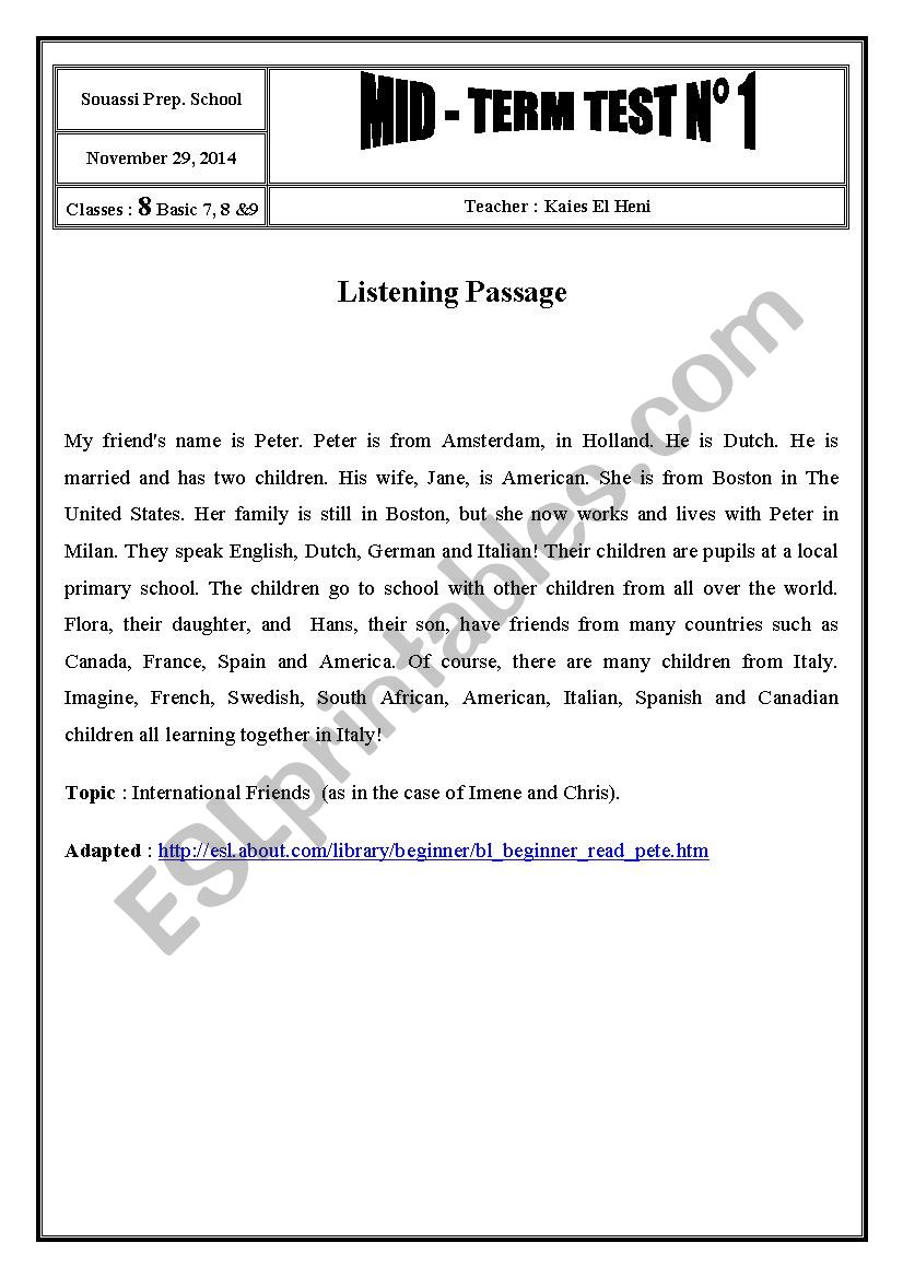 8th Form Basic Mid-Term Test 1