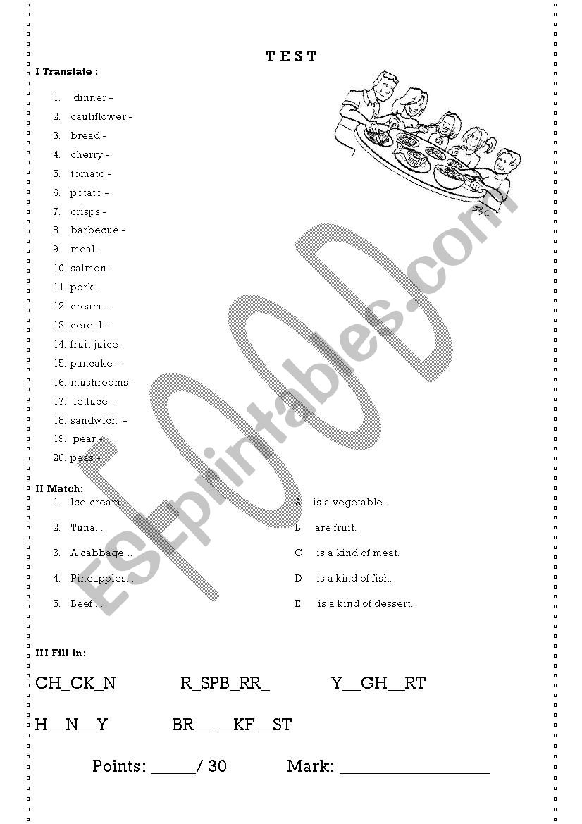 food - short test worksheet