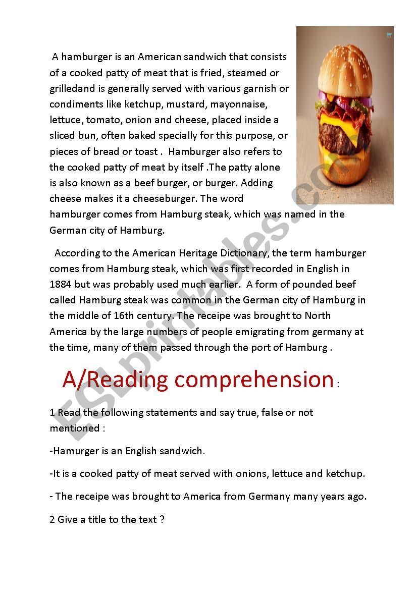 hamburger worksheet