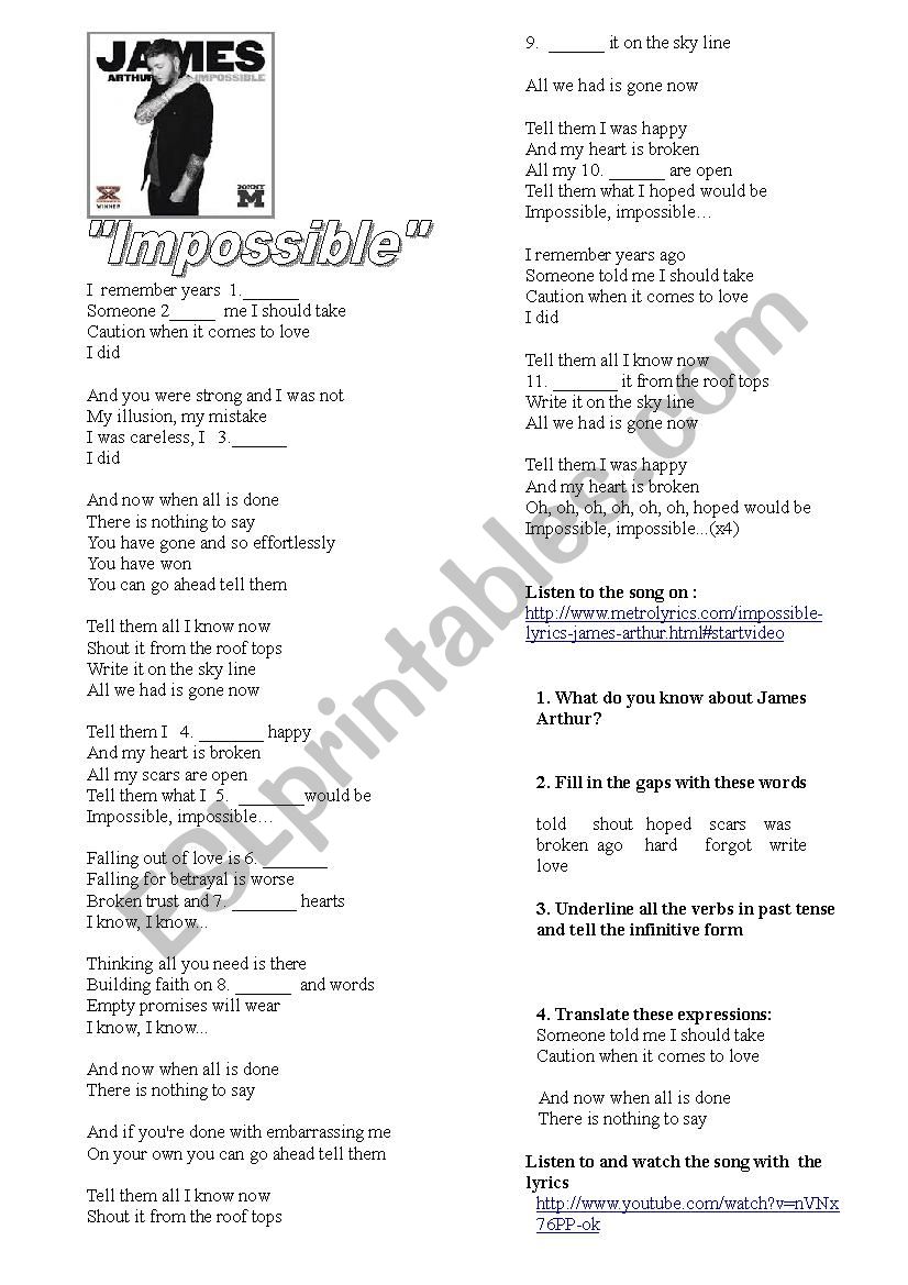 Impossible by James Arthur worksheet